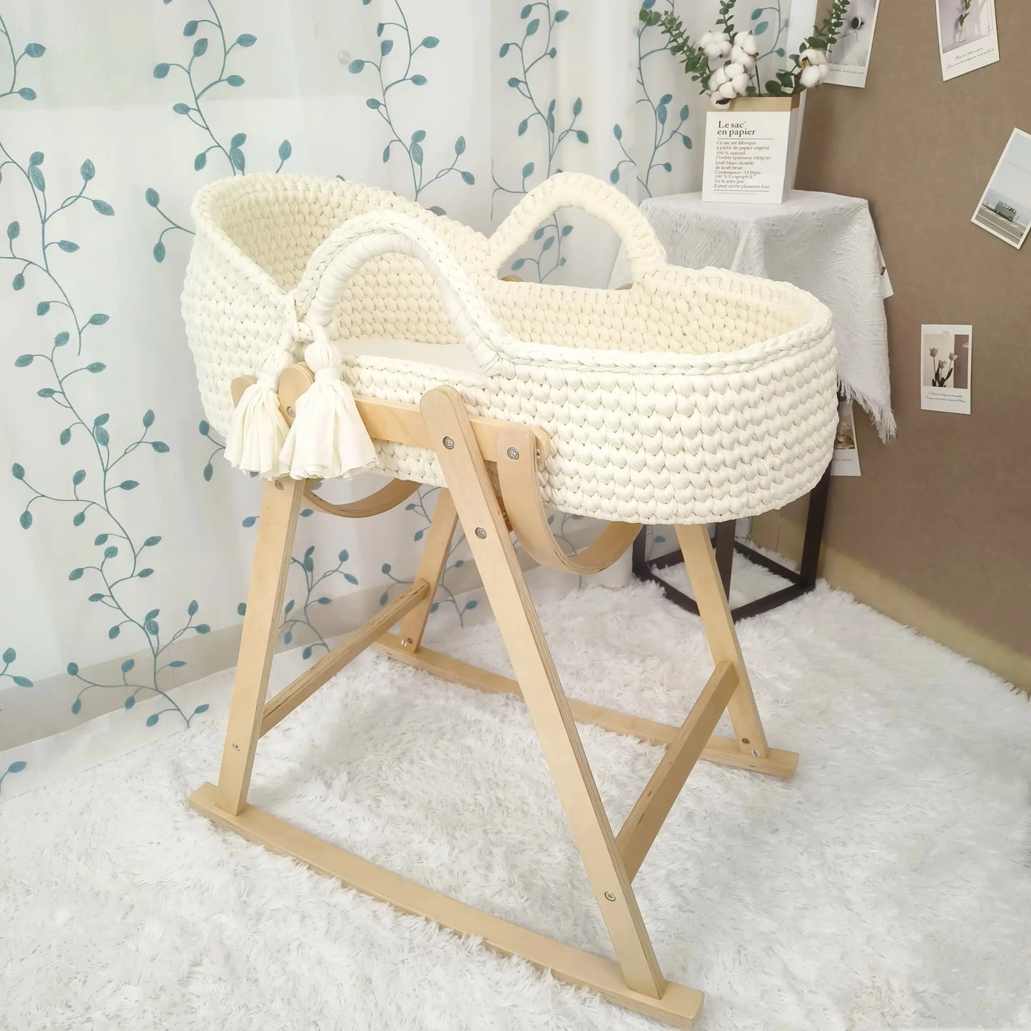 Baby Cradle Handwoven Beige Crochet Bassinet Portable Moses Basket Newborn Lounger with Wooden Stand and Soft Mattress