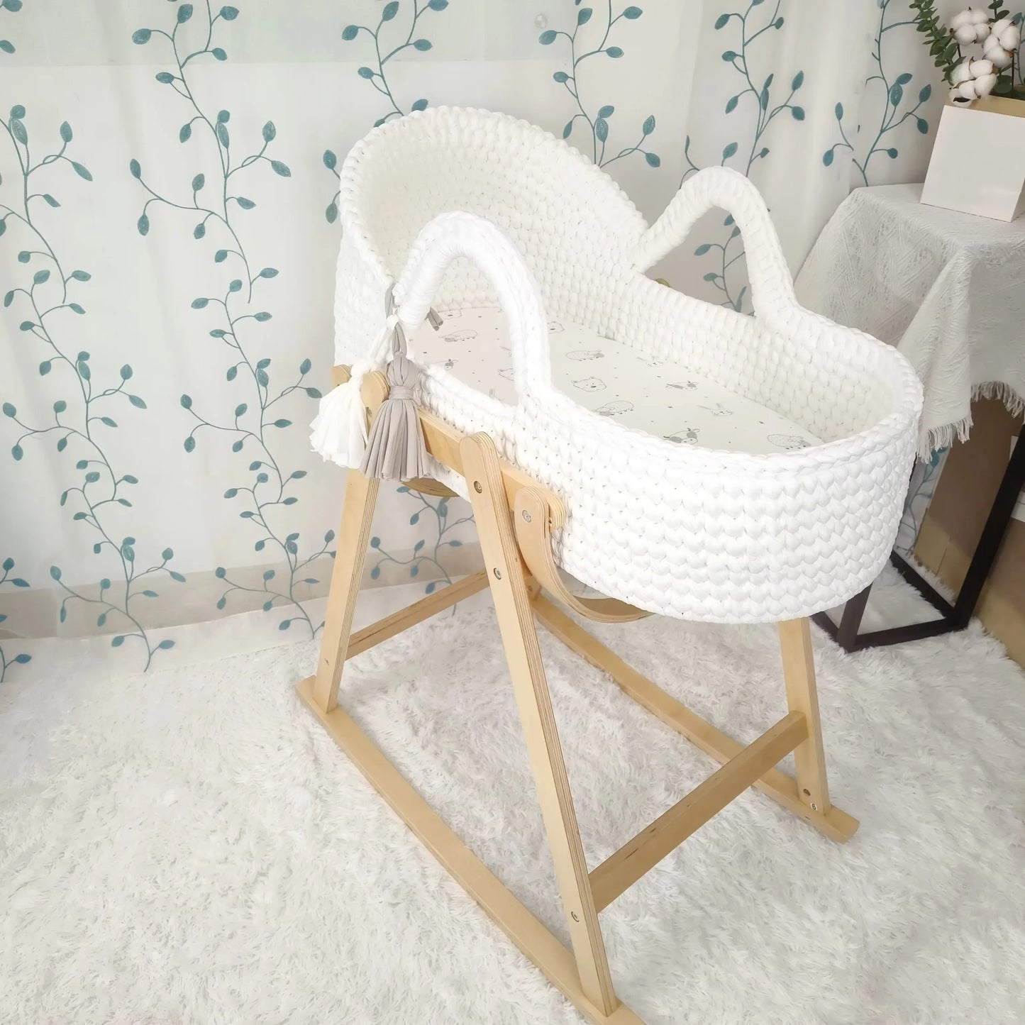Baby Cradle Handwoven Beige Crochet Bassinet Portable Moses Basket Newborn Lounger with Wooden Stand and Soft Mattress