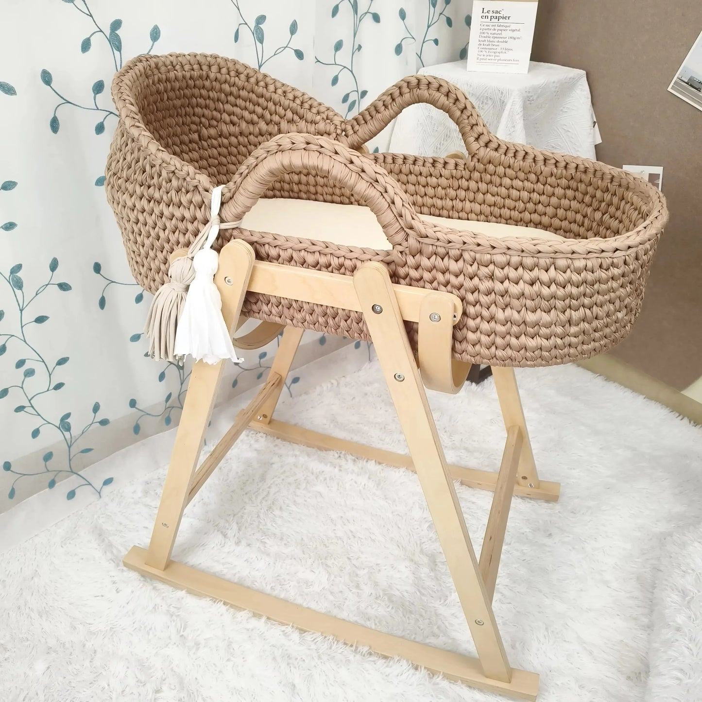Baby Cradle Handwoven Beige Crochet Bassinet Portable Moses Basket Newborn Lounger with Wooden Stand and Soft Mattress
