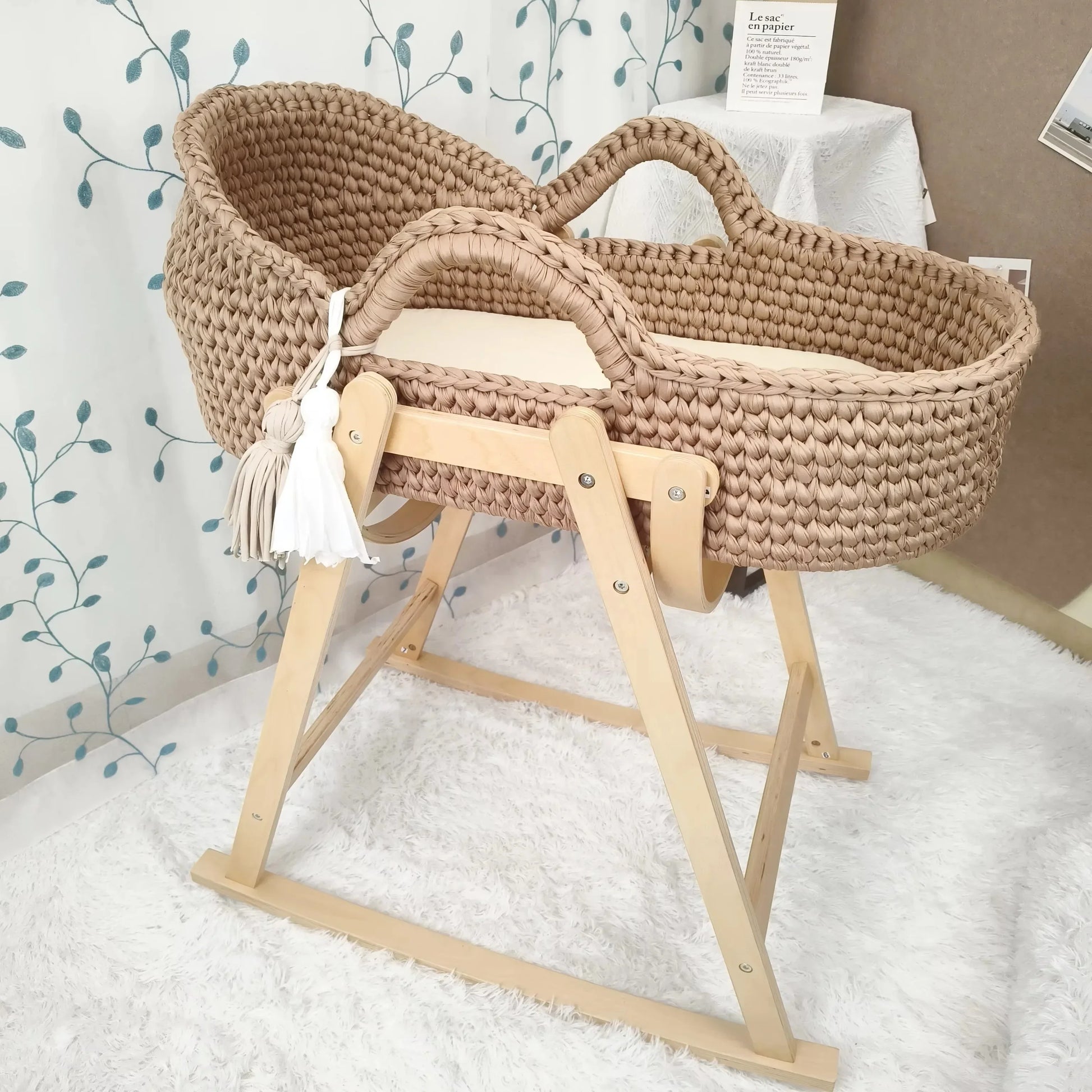 Baby Cradle Handwoven Beige Crochet Bassinet Portable Moses Basket Newborn Lounger with Wooden Stand and Soft Mattress