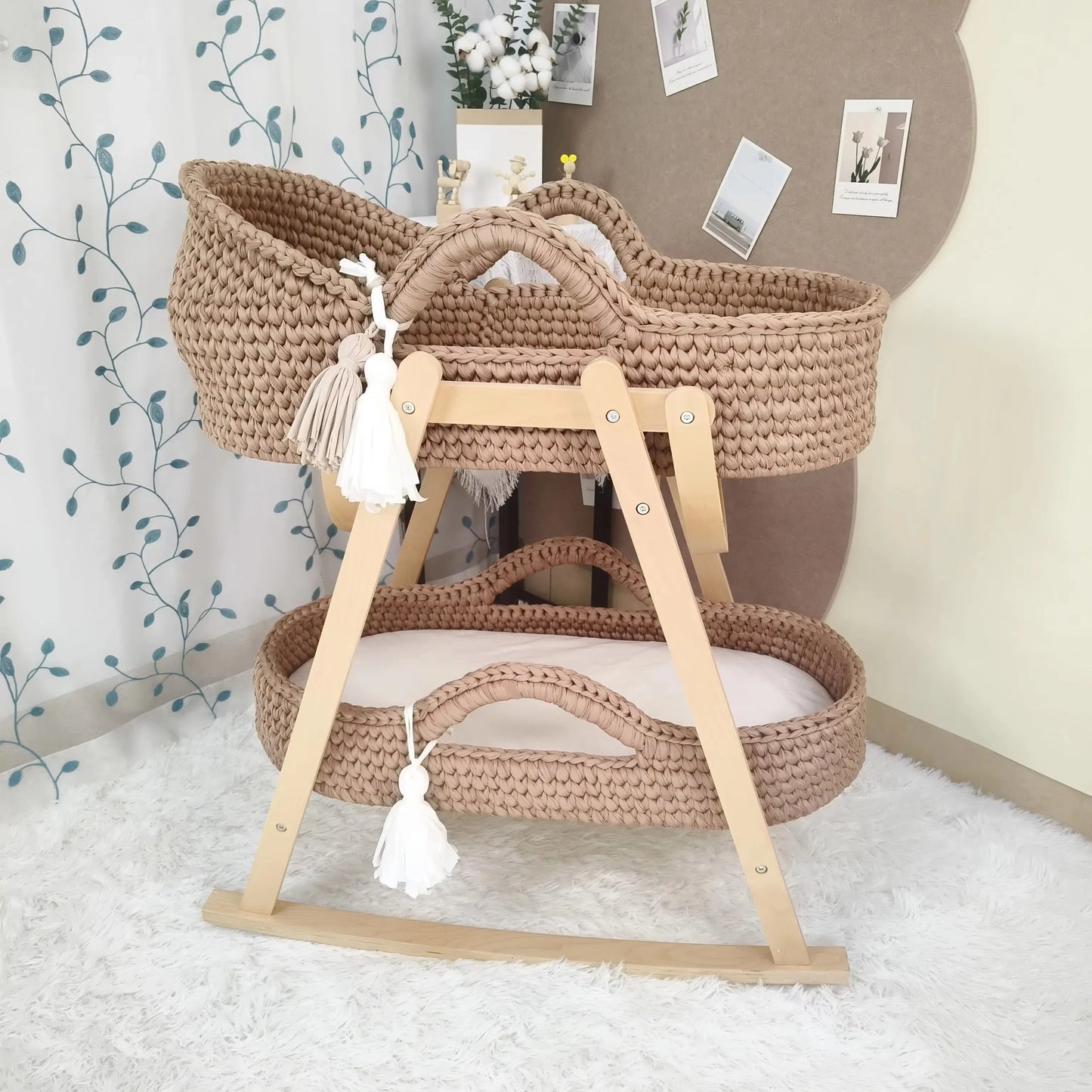 Baby Cradle Handwoven Beige Crochet Bassinet Portable Moses Basket Newborn Lounger with Wooden Stand and Soft Mattress