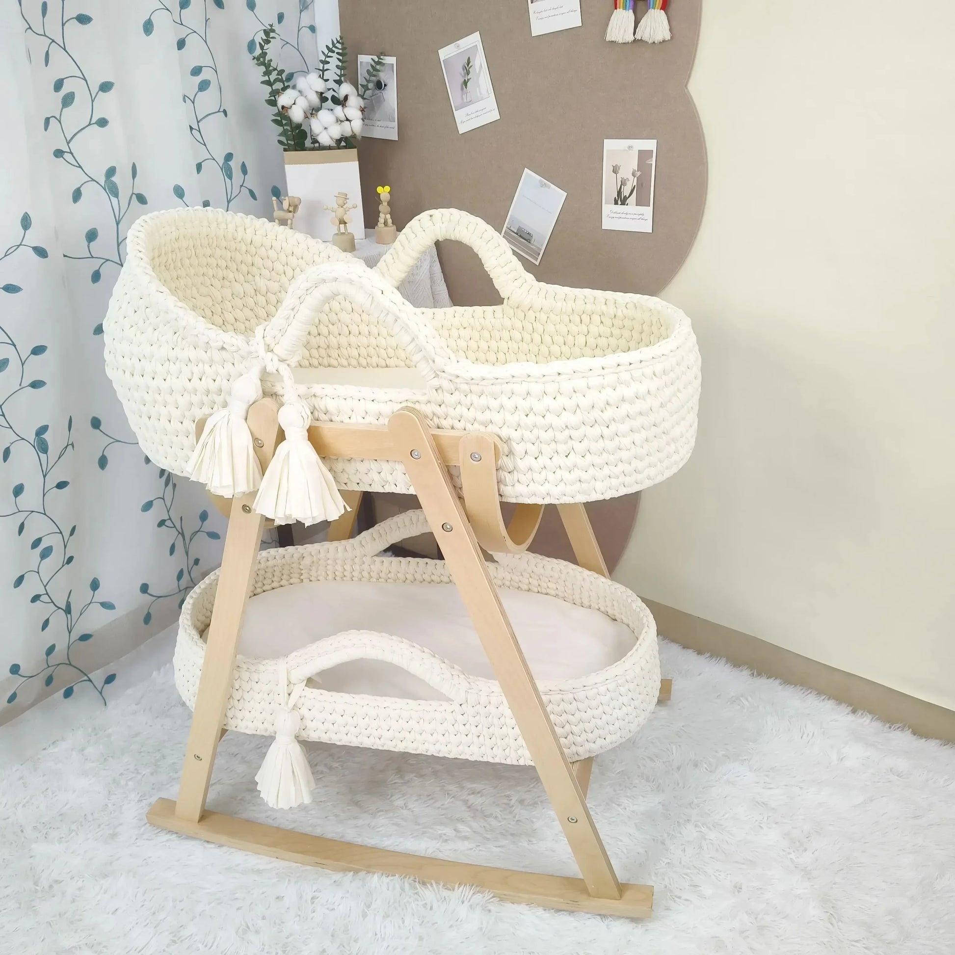 Baby Cradle Handwoven Beige Crochet Bassinet Portable Moses Basket Newborn Lounger with Wooden Stand and Soft Mattress