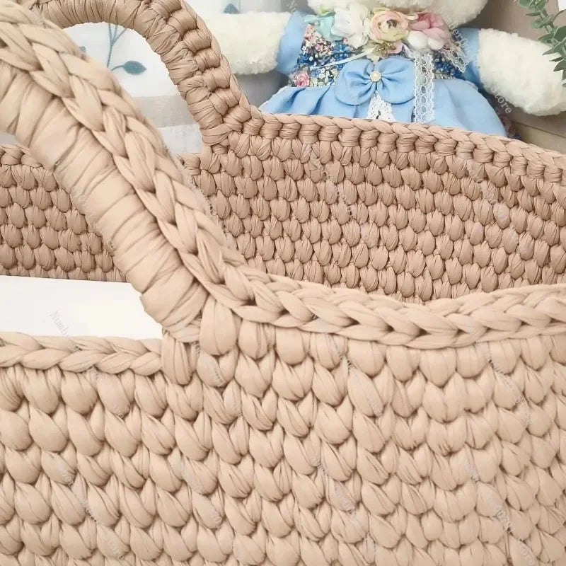 Baby Cradle Handwoven Beige Crochet Bassinet Portable Moses Basket Newborn Lounger with Wooden Stand and Soft Mattress