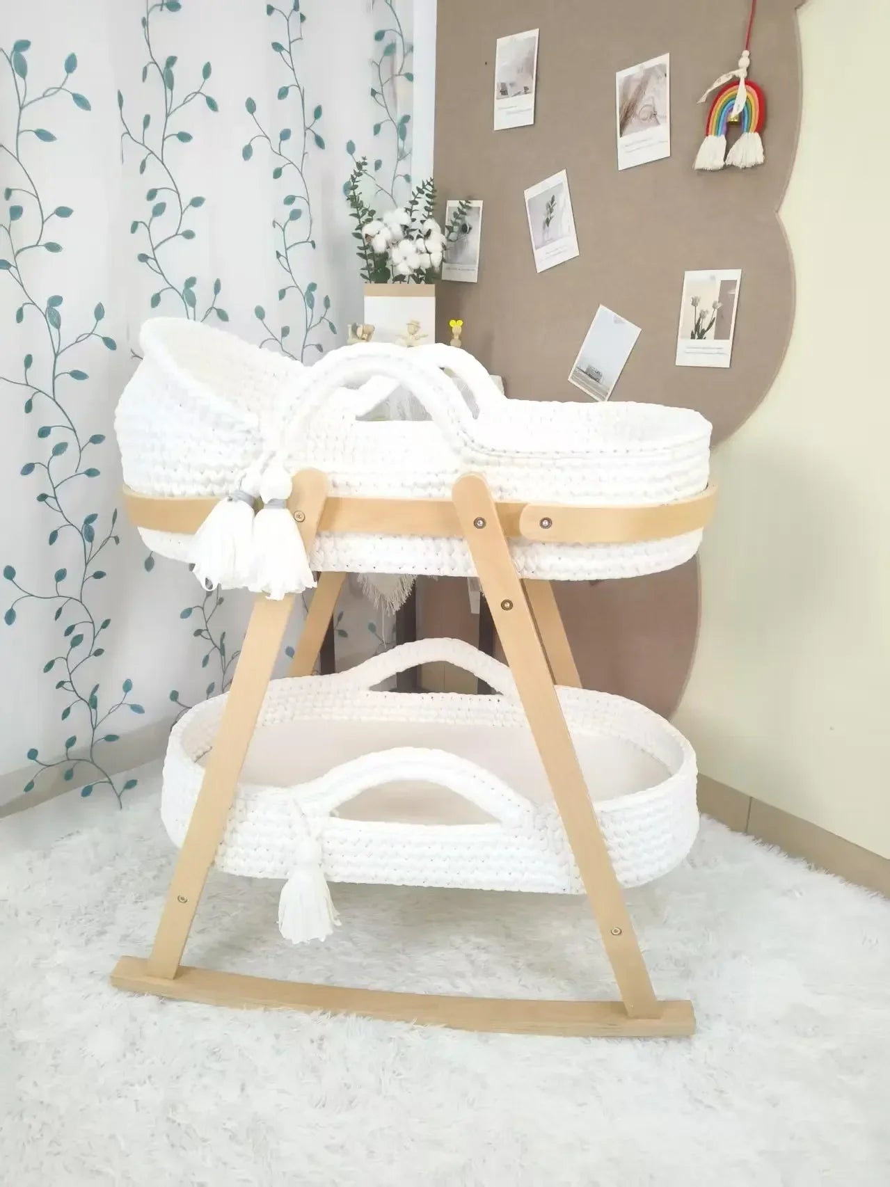 Baby Cradle Handwoven Beige Crochet Bassinet Portable Moses Basket Newborn Lounger with Wooden Stand and Soft Mattress